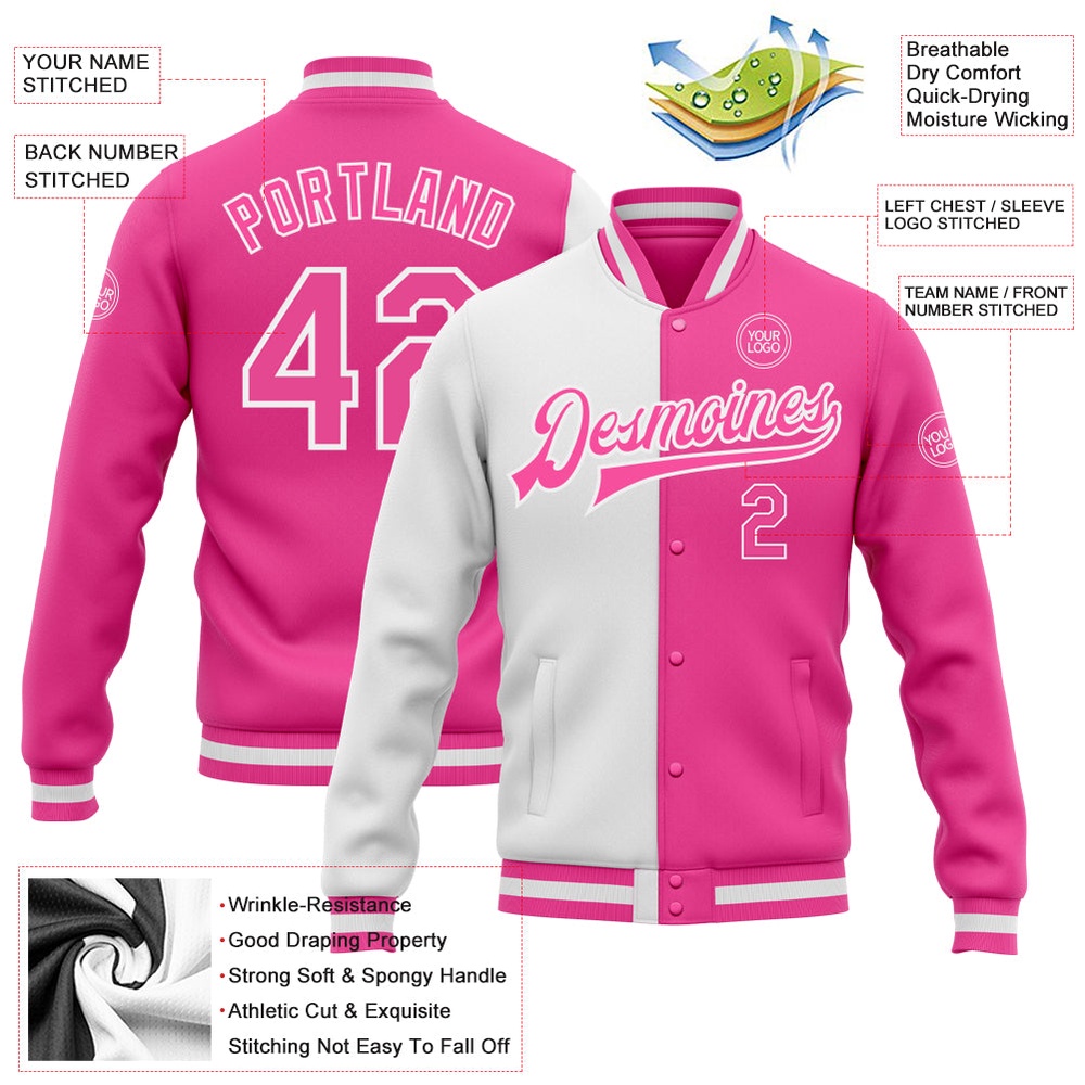Custom Pink Pink White Bomber Full Snap Varsity Letterman Split Fashion Jacket, Custom Team Jacket Custom Pink Pink White Bomber Full Snap Varsity Letterman Split Fashion Jacket, Custom Team Jacket