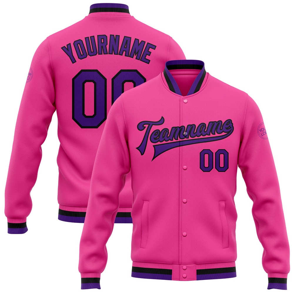 Custom Pink Purple Black Bomber Full Snap Baseball Jacket, Custom Team Jacket Custom Pink Purple Black Bomber Full Snap Baseball Jacket, Custom Team Jacket