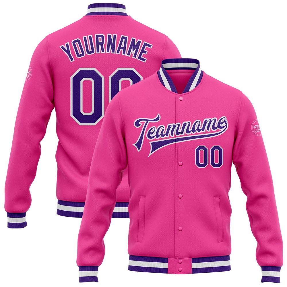 Custom Pink Purple White Bomber Full Snap Baseball Jacket, Custom Team Jacket Custom Pink Purple White Bomber Full Snap Baseball Jacket, Custom Team Jacket