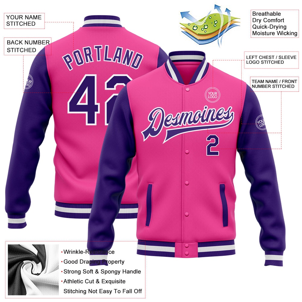 Custom Pink Purple White Bomber Full Snap Varsity Baseball Jacket, Custom Team Jacket Custom Pink Purple White Bomber Full Snap Varsity Baseball Jacket, Custom Team Jacket