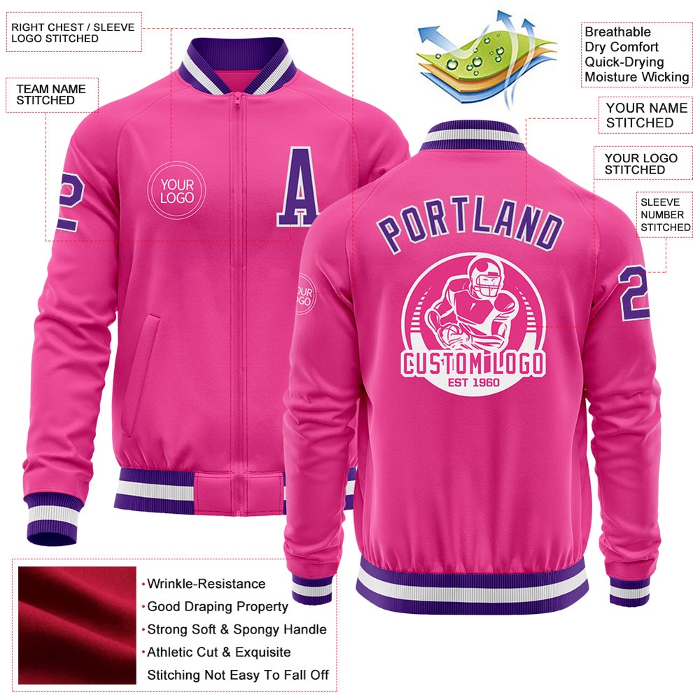 Custom Pink Purple White Bomber Varsity Baseball Jacket, Custom Team Jacket Custom Pink Purple White Bomber Varsity Baseball Jacket, Custom Team Jacket
