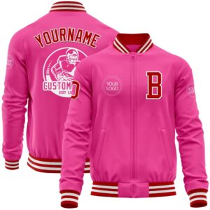 Custom Pink Red White Bomber Varsity Baseball…