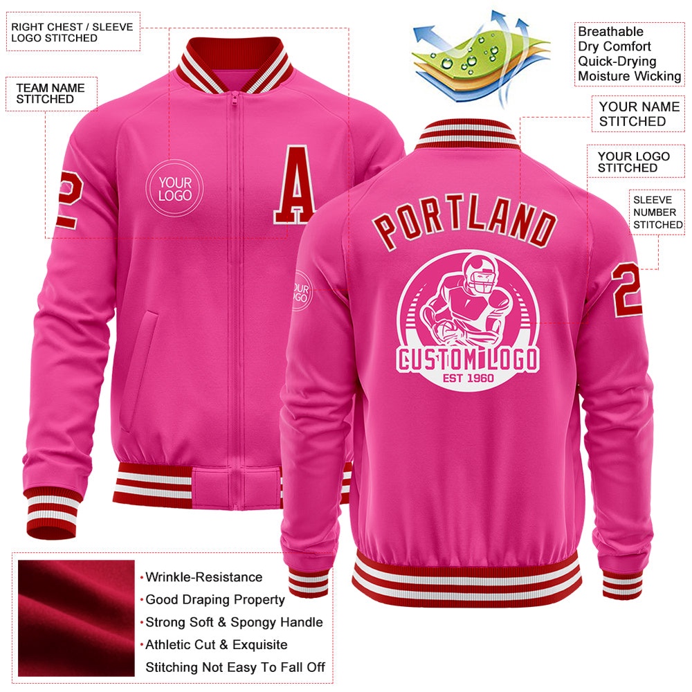Custom Pink Red White Bomber Varsity Baseball Jacket, Custom Team Jacket Custom Pink Red White Bomber Varsity Baseball Jacket, Custom Team Jacket