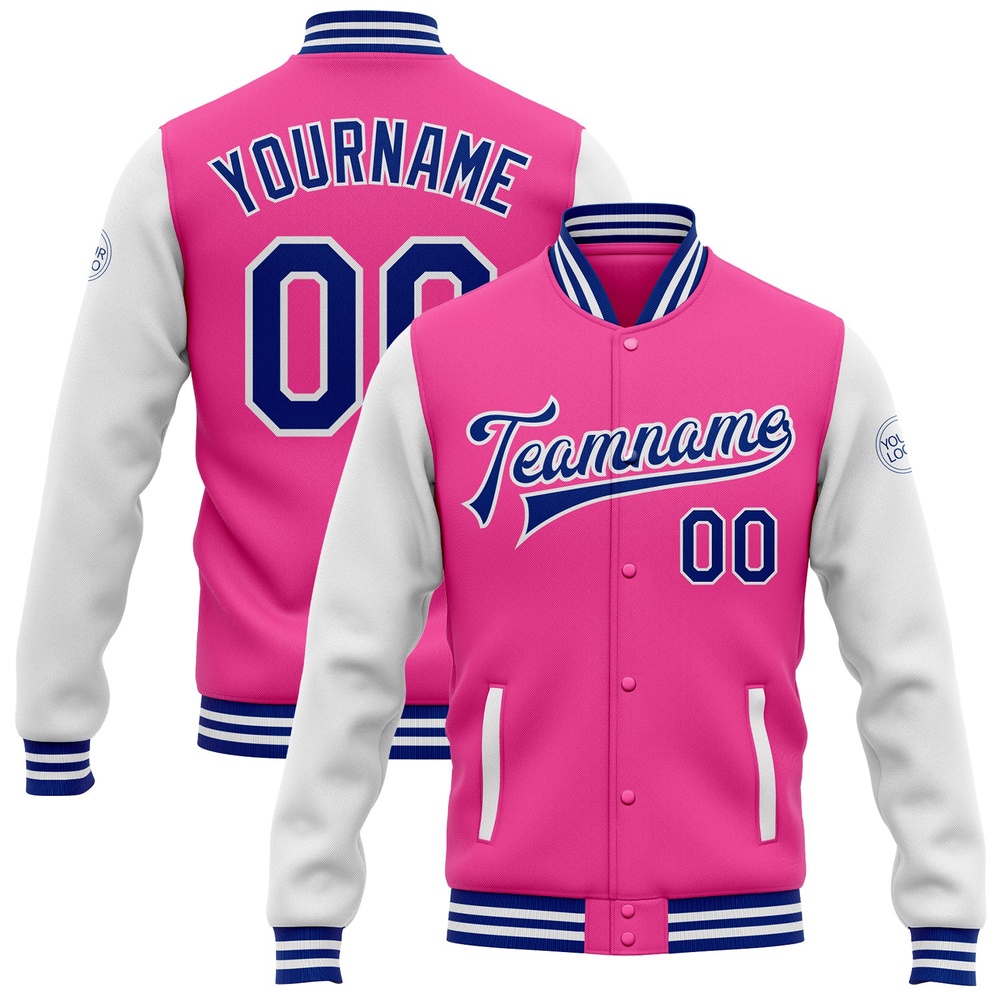 Custom Pink Royal White Bomber Full Snap Varsity Baseball Jacket, Custom Team Jacket Custom Pink Royal White Bomber Full Snap Varsity Baseball Jacket, Custom Team Jacket
