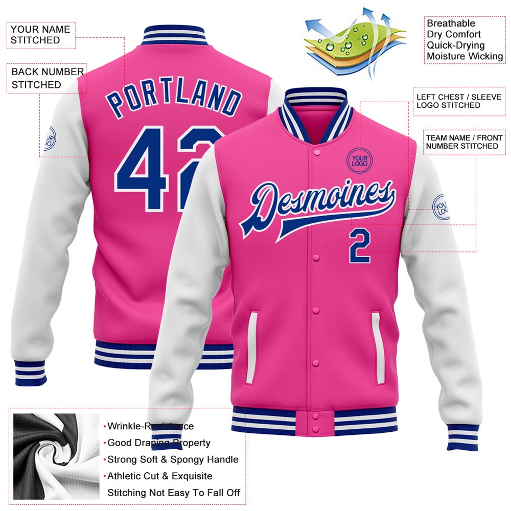 Custom Pink Royal White Bomber Full Snap Varsity Baseball Jacket, Custom Team Jacket Custom Pink Royal White Bomber Full Snap Varsity Baseball Jacket, Custom Team Jacket
