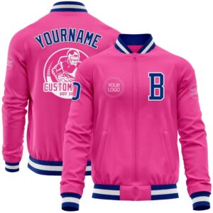 Custom Pink Royal White Bomber Varsity Baseball…