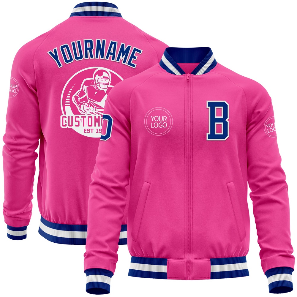 Custom Pink Royal White Bomber Varsity Baseball Jacket, Custom Team Jacket Custom Pink Royal White Bomber Varsity Baseball Jacket, Custom Team Jacket