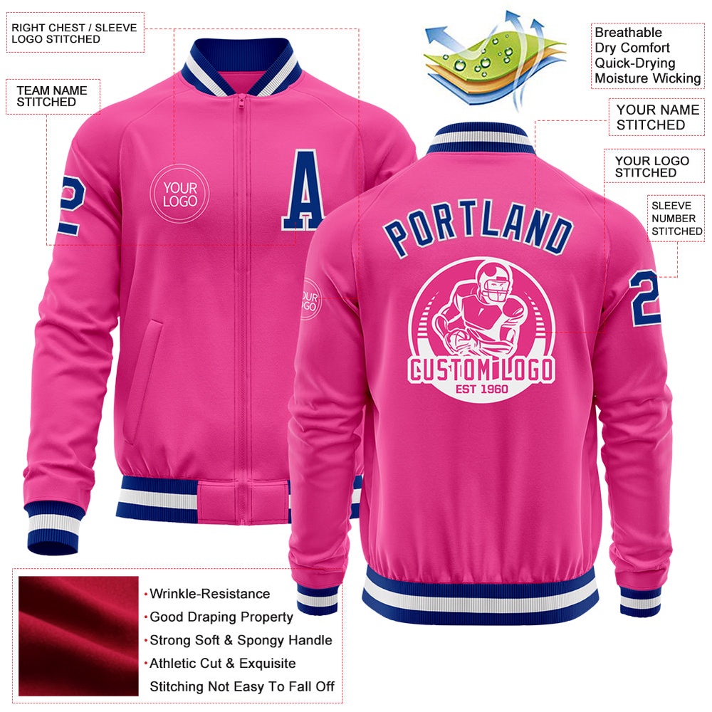 Custom Pink Royal White Bomber Varsity Baseball Jacket, Custom Team Jacket Custom Pink Royal White Bomber Varsity Baseball Jacket, Custom Team Jacket