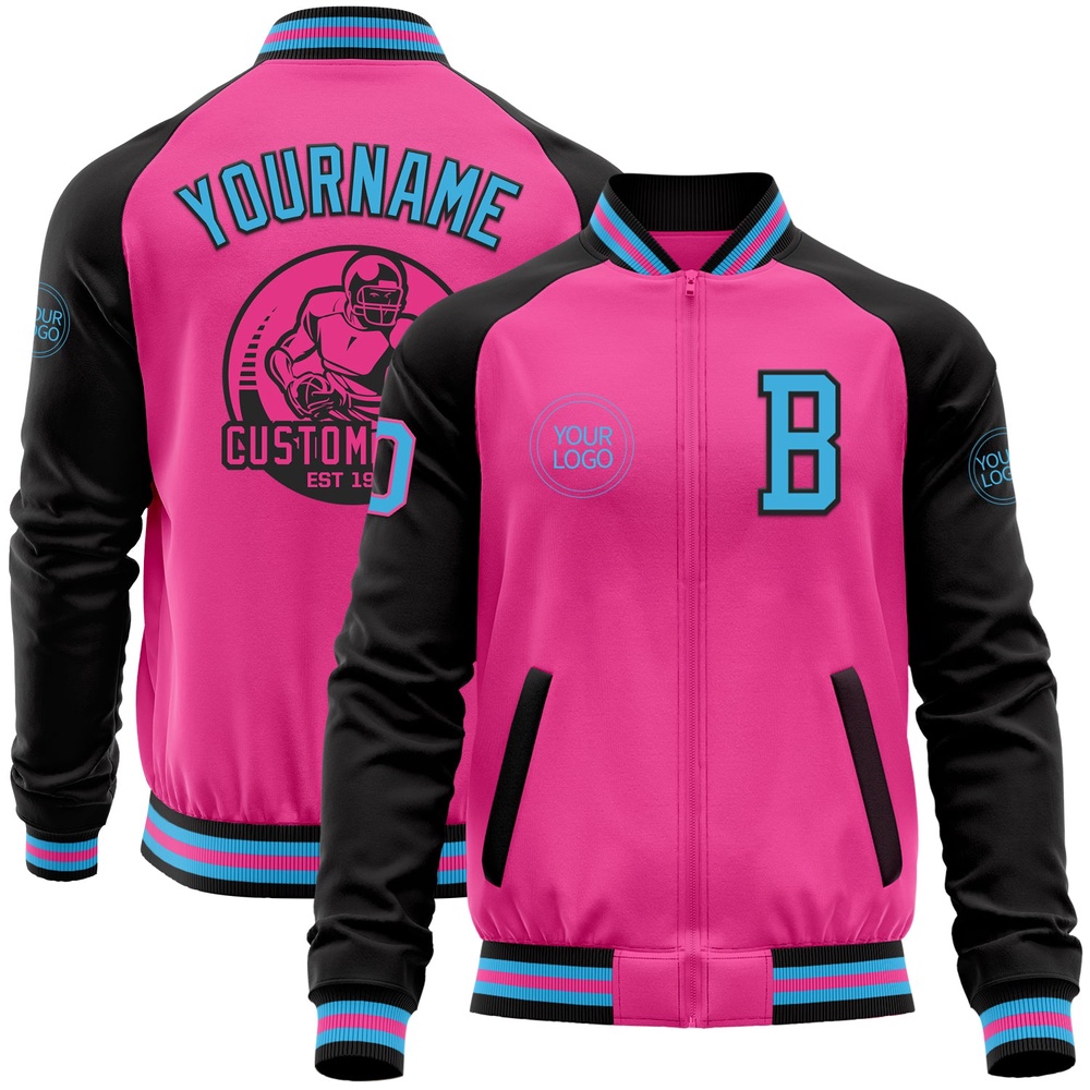 Custom Pink Sky Blue Black Bomber Varsity Baseball Jacket, Custom Team Jacket Custom Pink Sky Blue Black Bomber Varsity Baseball Jacket, Custom Team Jacket