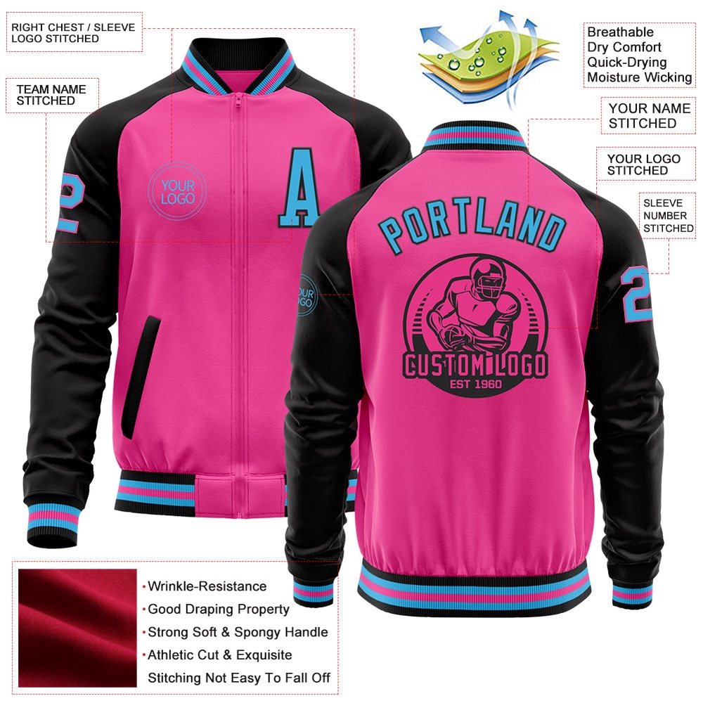 Custom Pink Sky Blue Black Bomber Varsity Baseball Jacket, Custom Team Jacket Custom Pink Sky Blue Black Bomber Varsity Baseball Jacket, Custom Team Jacket