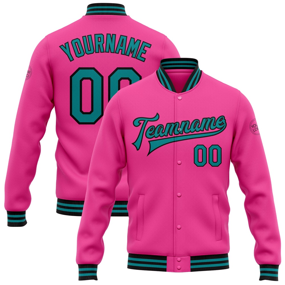 Custom Pink Teal Black Bomber Full Snap Baseball Jacket, Custom Team Jacket Custom Pink Teal Black Bomber Full Snap Baseball Jacket, Custom Team Jacket