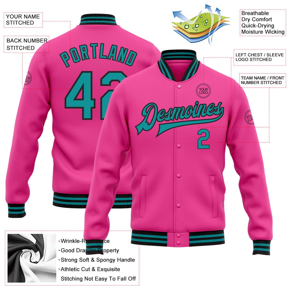 Custom Pink Teal Black Bomber Full Snap Baseball Jacket, Custom Team Jacket Custom Pink Teal Black Bomber Full Snap Baseball Jacket, Custom Team Jacket