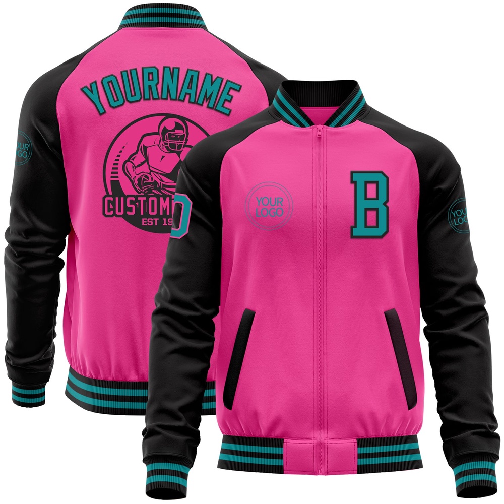 Custom Pink Teal Black Bomber Varsity Baseball Jacket, Custom Team Jacket Custom Pink Teal Black Bomber Varsity Baseball Jacket, Custom Team Jacket
