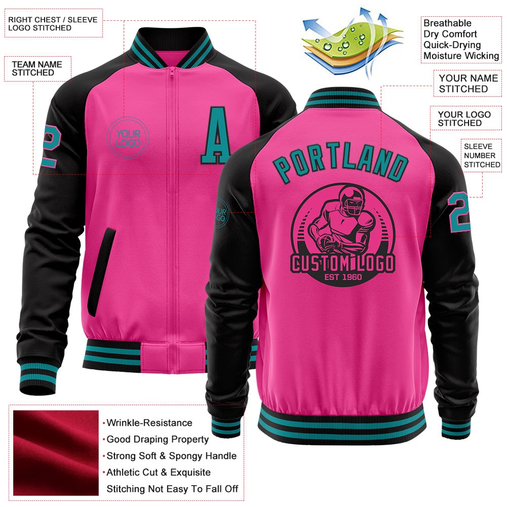 Custom Pink Teal Black Bomber Varsity Baseball Jacket, Custom Team Jacket Custom Pink Teal Black Bomber Varsity Baseball Jacket, Custom Team Jacket