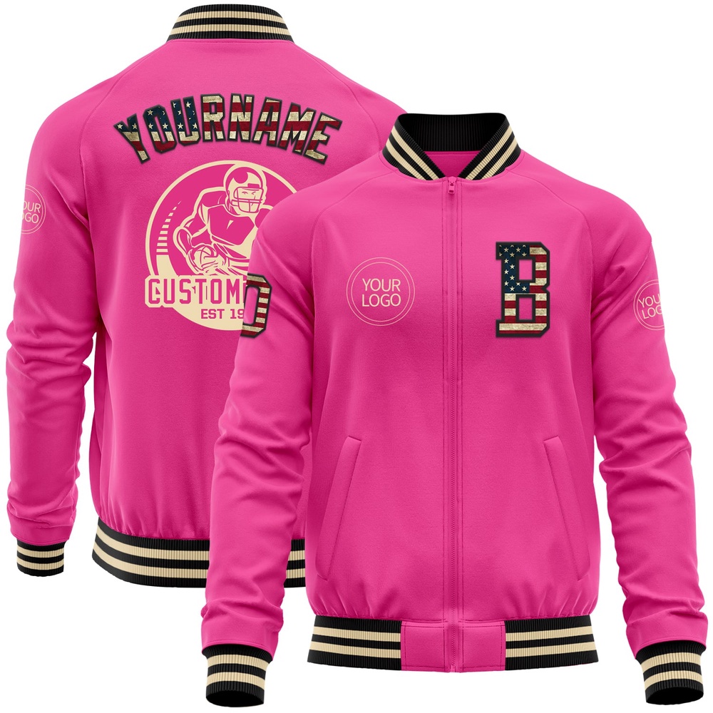 Custom Pink Vintage USA Flag Black Cream Bomber Varsity Baseball Jacket, Custom Team Jacket Custom Pink Vintage USA Flag Black Cream Bomber Varsity Baseball Jacket, Custom Team Jacket