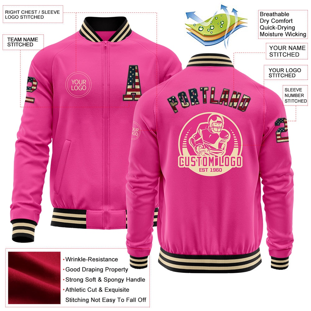 Custom Pink Vintage USA Flag Black Cream Bomber Varsity Baseball Jacket, Custom Team Jacket Custom Pink Vintage USA Flag Black Cream Bomber Varsity Baseball Jacket, Custom Team Jacket