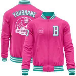 Custom Pink White Aqua Bomber Varsity Baseball…