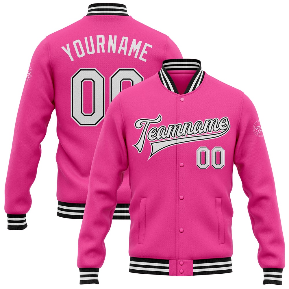 Custom Pink White Black Bomber Full Snap Baseball Jacket, Custom Team Jacket Custom Pink White Black Bomber Full Snap Baseball Jacket, Custom Team Jacket