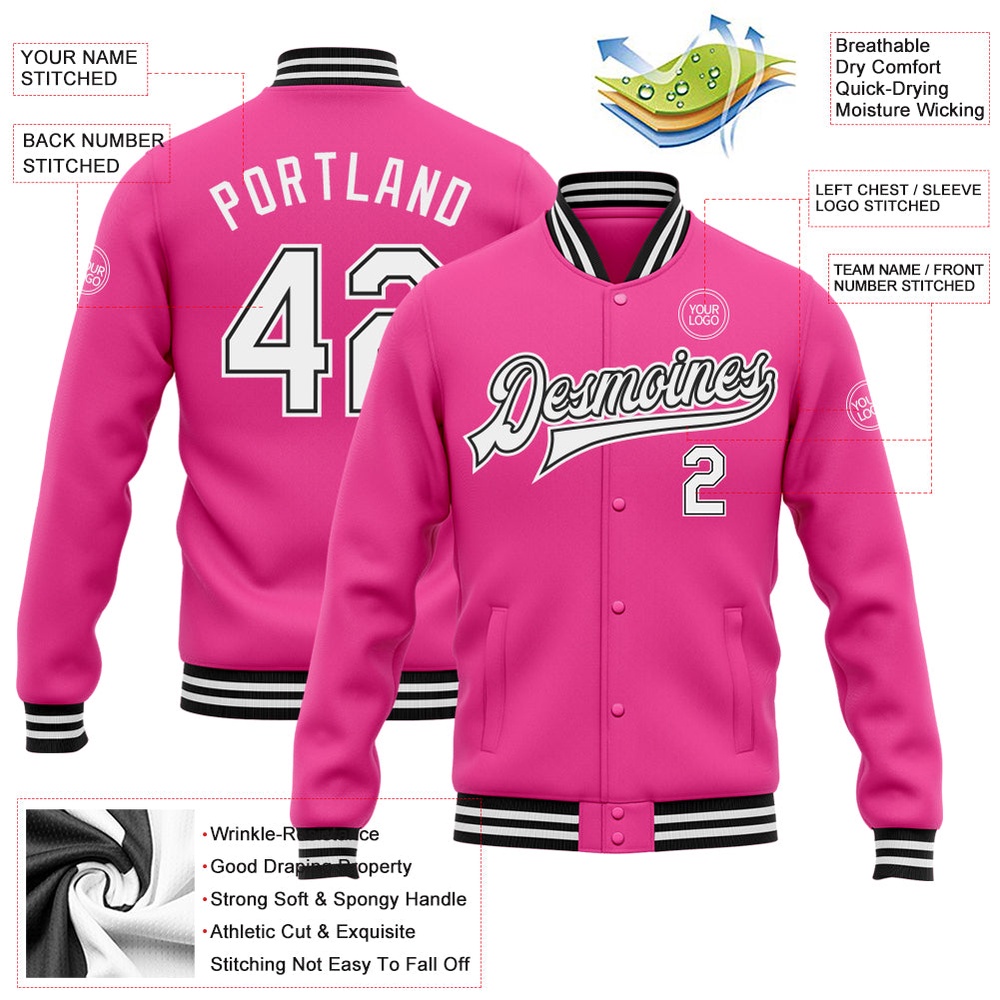 Custom Pink White Black Bomber Full Snap Baseball Jacket, Custom Team Jacket Custom Pink White Black Bomber Full Snap Baseball Jacket, Custom Team Jacket