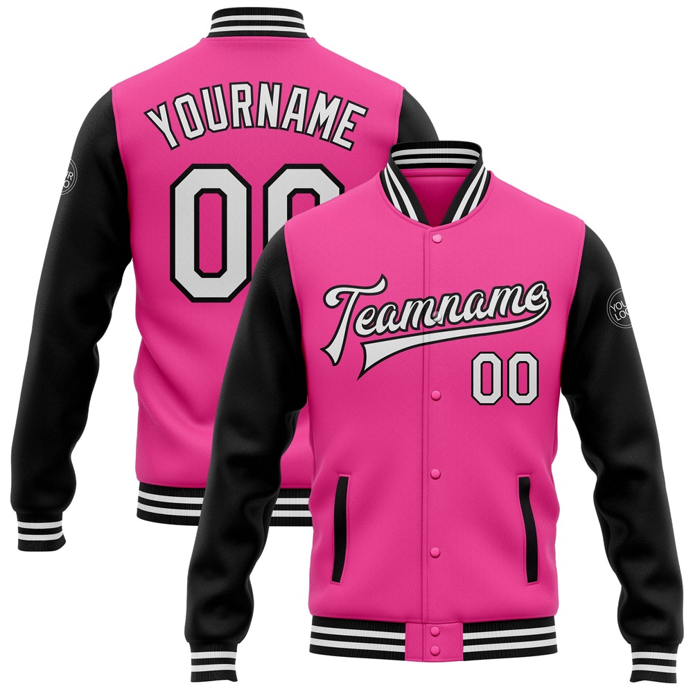 Custom Pink White Black Bomber Full Snap Varsity Baseball Jacket, Custom Team Jacket Custom Pink White Black Bomber Full Snap Varsity Baseball Jacket, Custom Team Jacket