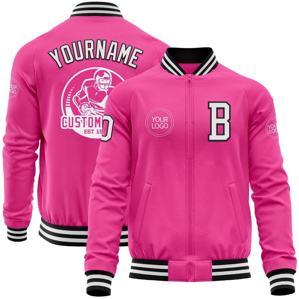 Custom Pink White Black Bomber Varsity Baseball Jacket, Custom Team Jacket Custom Pink White Black Bomber Varsity Baseball Jacket, Custom Team Jacket