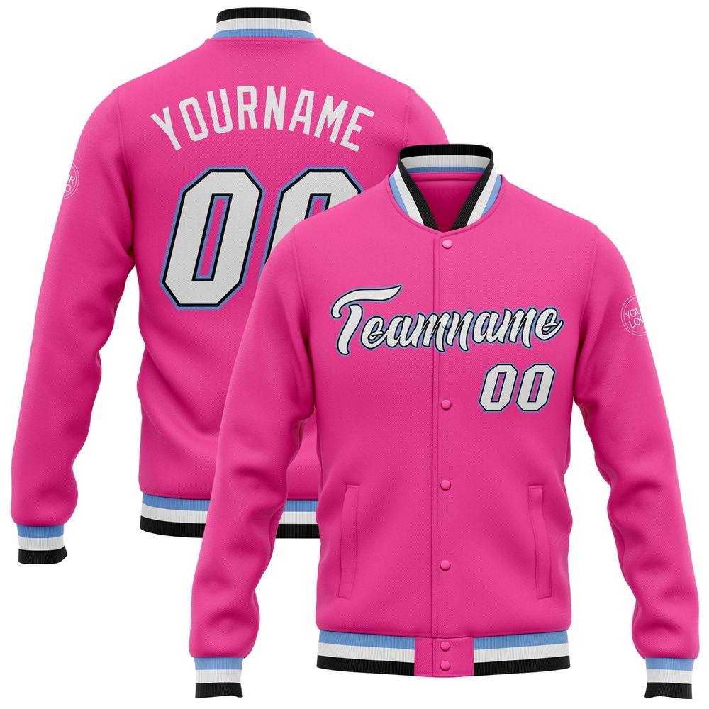 Custom Pink White Black Light Blue Bomber Full Snap Baseball Jacket, Custom Team Jacket Custom Pink White Black Light Blue Bomber Full Snap Baseball Jacket, Custom Team Jacket