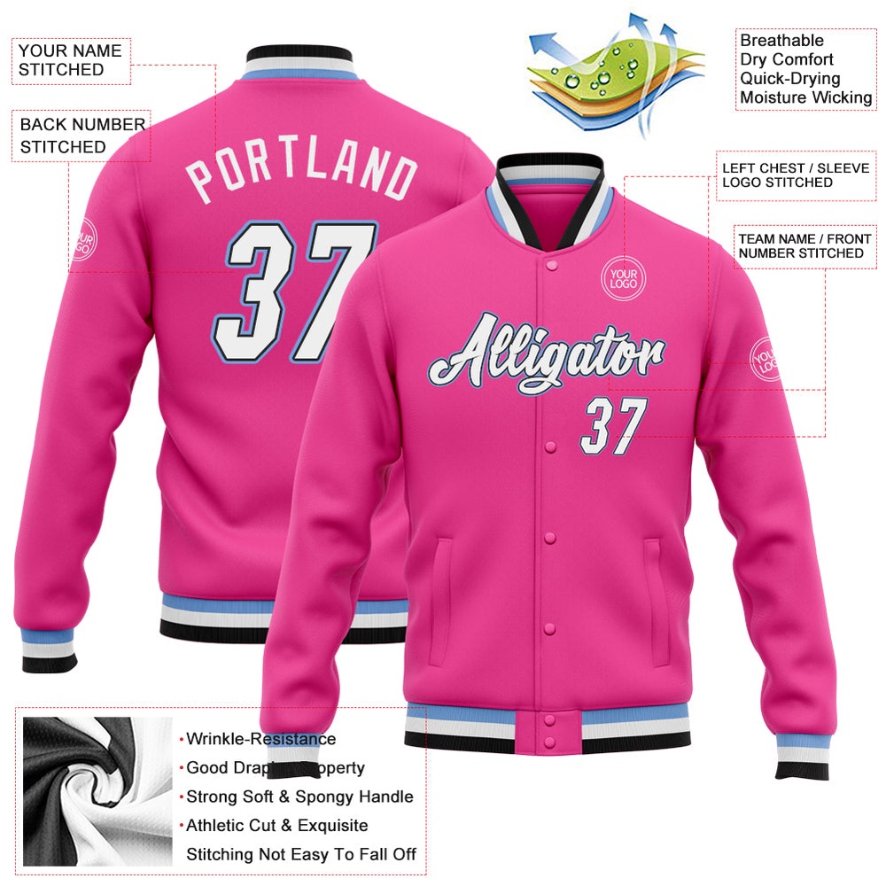 Custom Pink White Black Light Blue Bomber Full Snap Baseball Jacket, Custom Team Jacket Custom Pink White Black Light Blue Bomber Full Snap Baseball Jacket, Custom Team Jacket