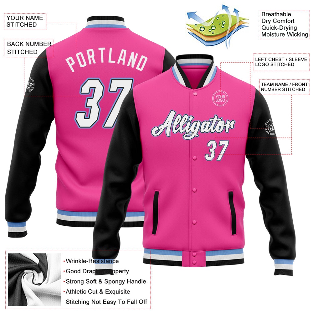 Custom Pink White Black Light Blue Bomber Full Snap Varsity Baseball Jacket, Custom Team Jacket Custom Pink White Black Light Blue Bomber Full Snap Varsity Baseball Jacket, Custom Team Jacket