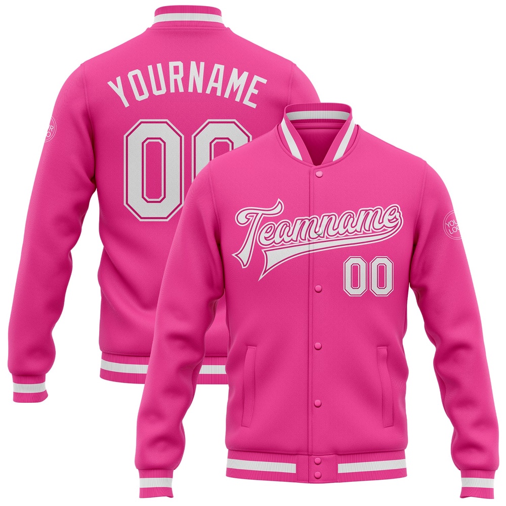Custom Pink White Bomber Full Snap Baseball Jacket, Custom Team Jacket Custom Pink White Bomber Full Snap Baseball Jacket, Custom Team Jacket
