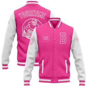 Custom Pink White Bomber Full Snap Varsity…
