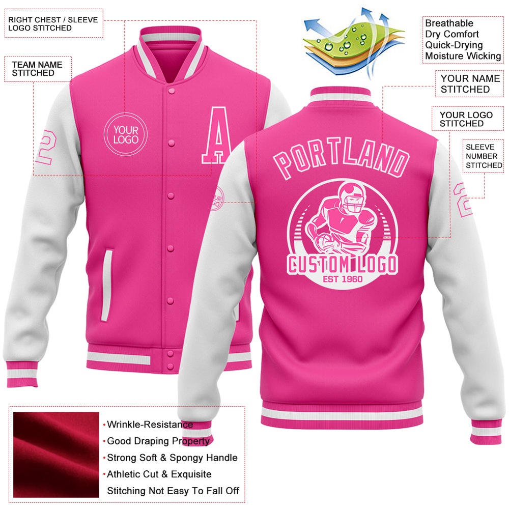 Custom Pink White Bomber Full Snap Varsity Baseball Jacket, Custom Team Jacket Custom Pink White Bomber Full Snap Varsity Baseball Jacket, Custom Team Jacket