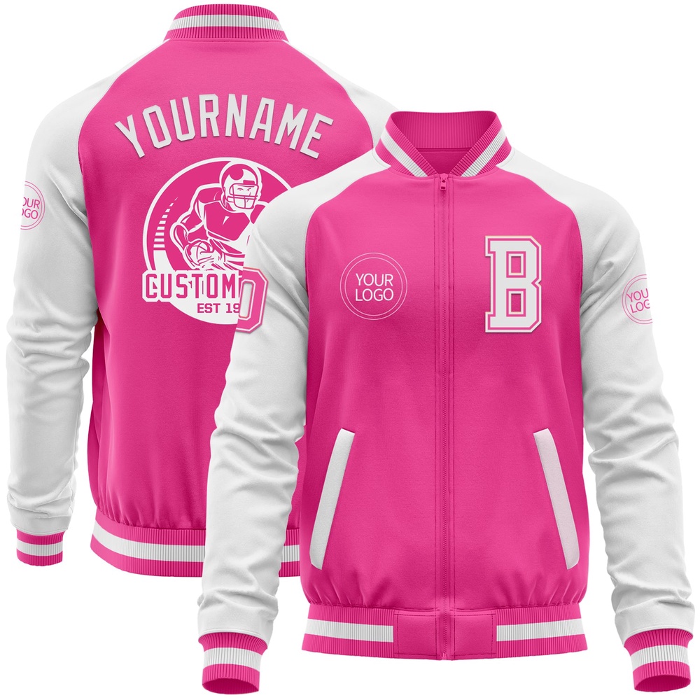 Custom Pink White Bomber Varsity Baseball Jacket, Custom Team Jacket Custom Pink White Bomber Varsity Baseball Jacket, Custom Team Jacket