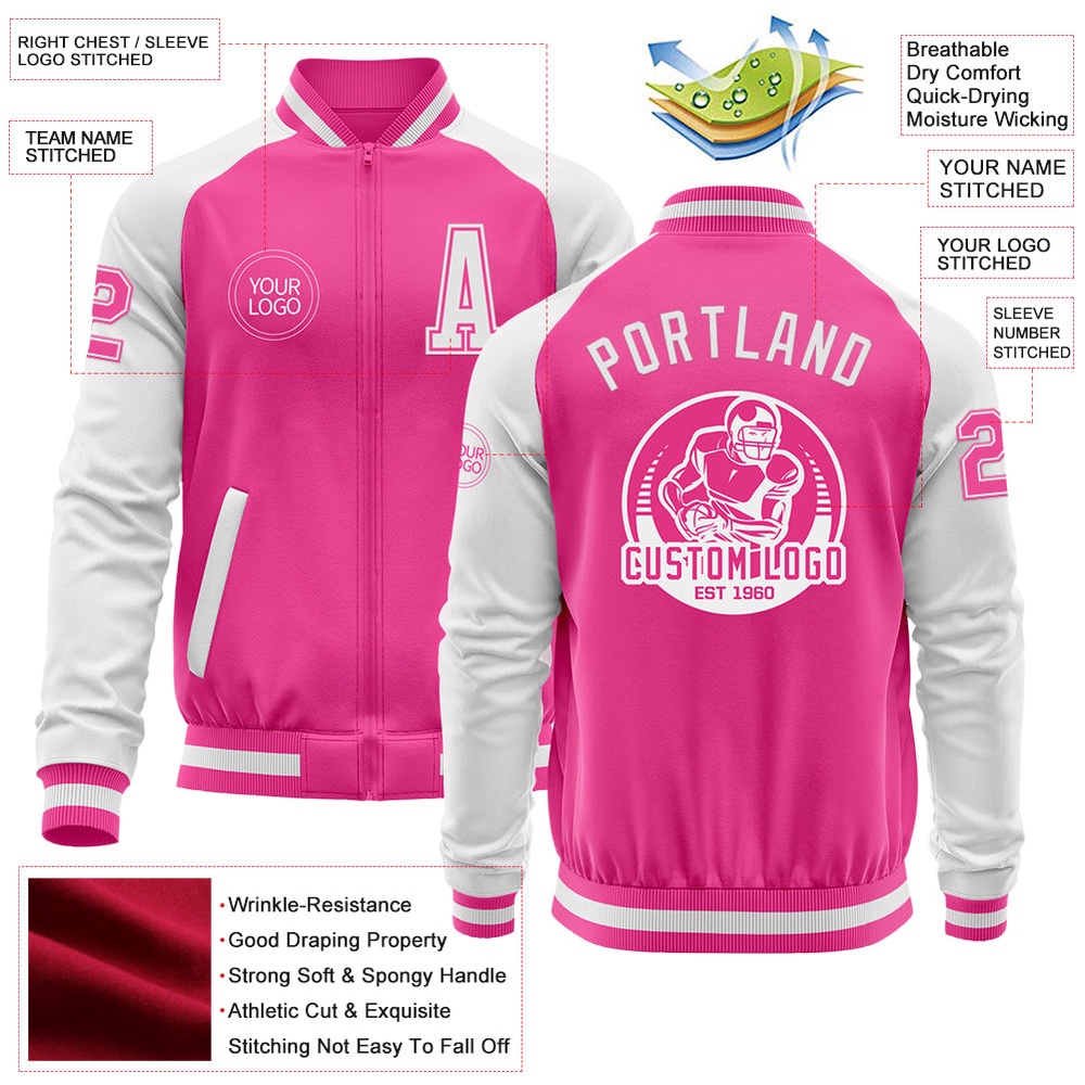 Custom Pink White Bomber Varsity Baseball Jacket, Custom Team Jacket Custom Pink White Bomber Varsity Baseball Jacket, Custom Team Jacket