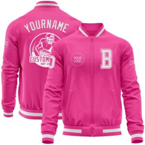 Custom Pink White Bomber Varsity Letterman Zipper…