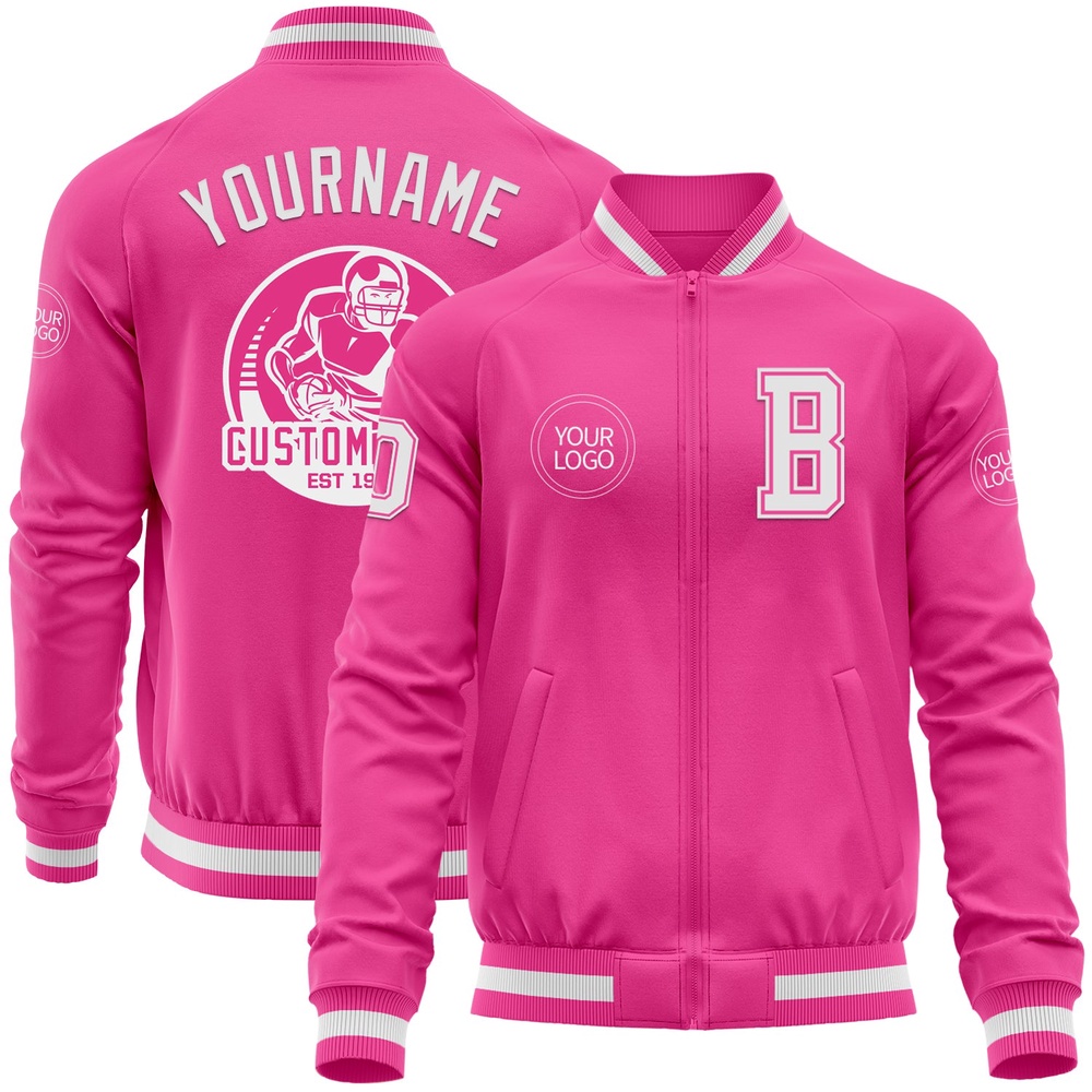 Custom Pink White Bomber Varsity Letterman Zipper Jacket, Custom Team Jacket Custom Pink White Bomber Varsity Letterman Zipper Jacket, Custom Team Jacket