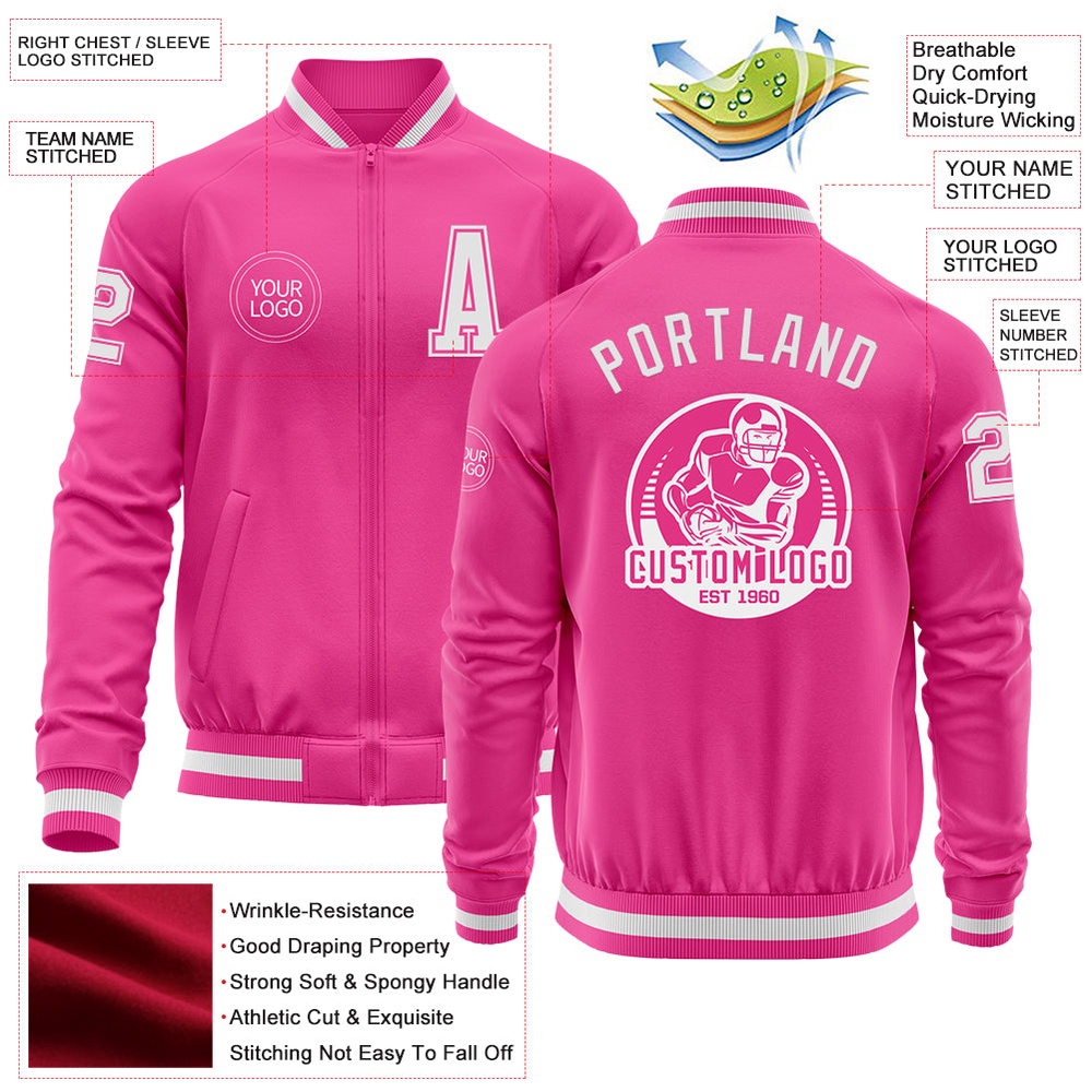 Custom Pink White Bomber Varsity Letterman Zipper Jacket, Custom Team Jacket Custom Pink White Bomber Varsity Letterman Zipper Jacket, Custom Team Jacket