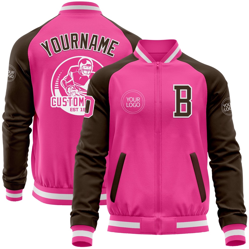 Custom Pink White Brown Bomber Varsity Baseball Jacket, Custom Team Jacket