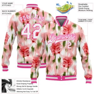 Custom Pink White Fuzzy Rose Art 3D Pattern Design Bomber Full Snap Baseball Jacket Custom Team Jacket 2 knacdp.jpg