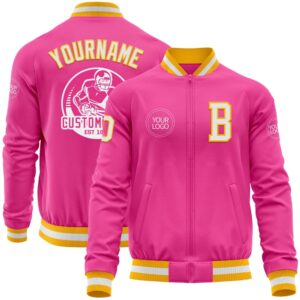 Custom Pink White Gold Bomber Varsity Baseball…