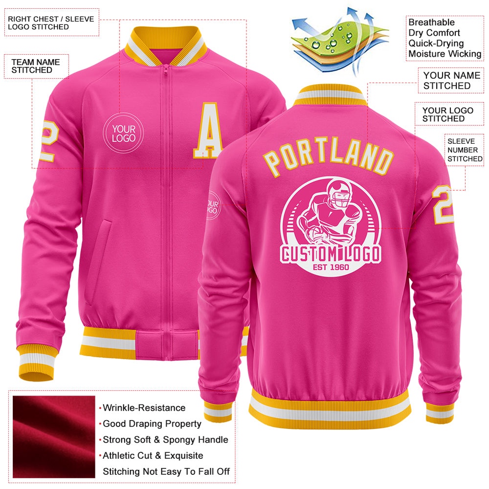 Custom Pink White Gold Bomber Varsity Baseball Jacket, Custom Team Jacket