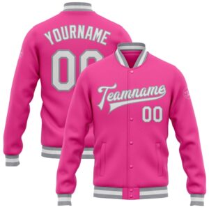 Custom Pink White Gray Bomber Full Snap…