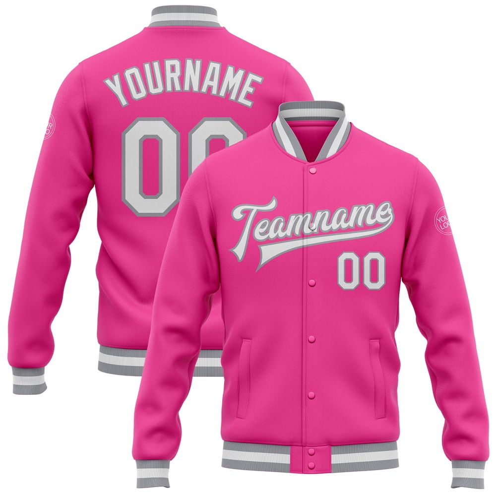 Custom Pink White Gray Bomber Full Snap Baseball Jacket, Custom Team Jacket