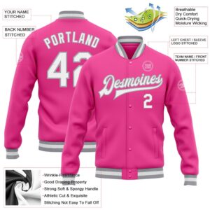 Custom Pink White Gray Bomber Full Snap Baseball Jacket Custom Team Jacket 2 emummd.jpg