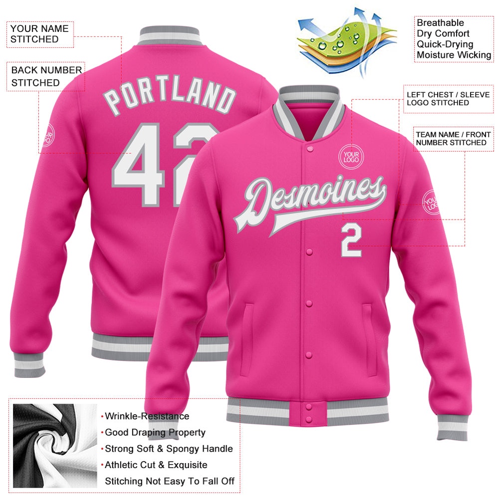 Custom Pink White Gray Bomber Full Snap Baseball Jacket, Custom Team Jacket