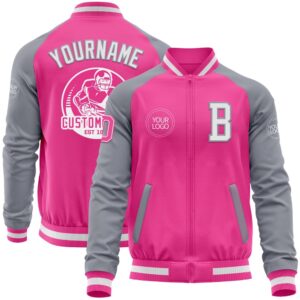 Custom Pink White Gray Bomber Varsity Baseball…