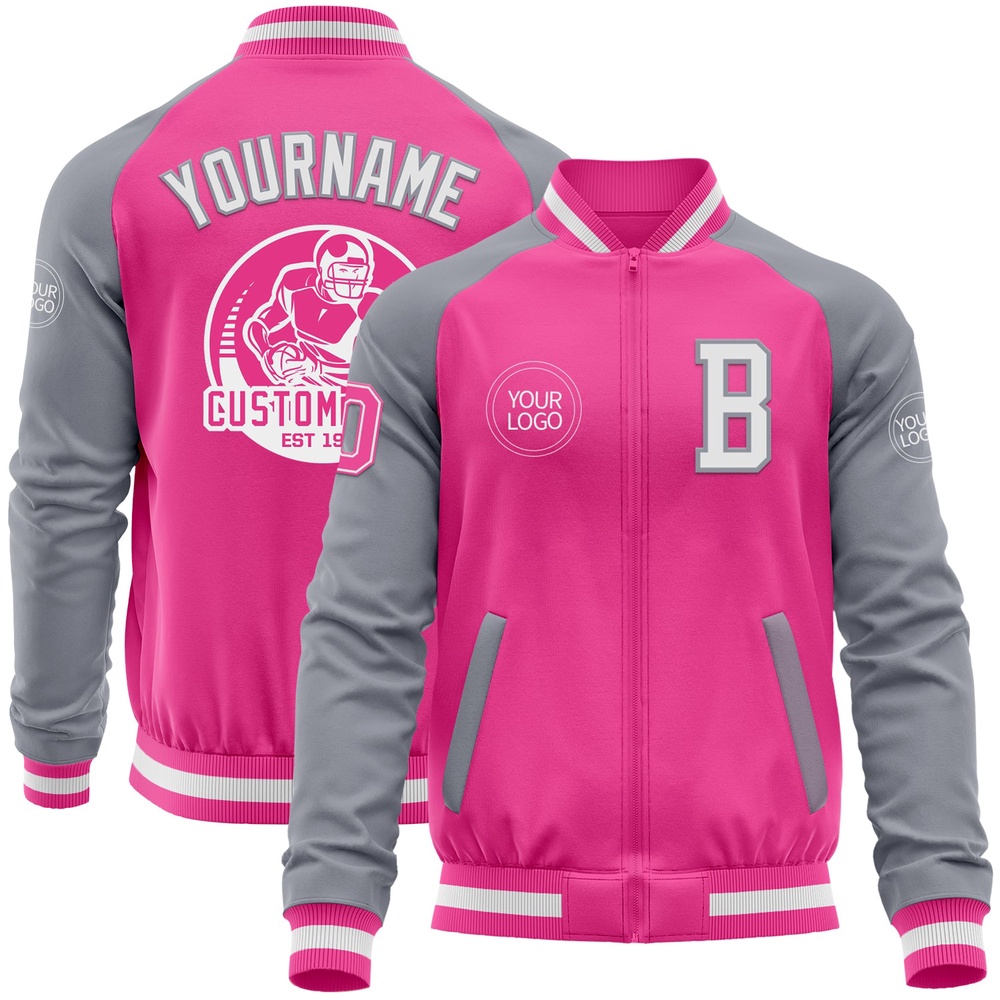 Custom Pink White Gray Bomber Varsity Baseball Jacket, Custom Team Jacket Custom Pink White Gray Bomber Varsity Baseball Jacket, Custom Team Jacket