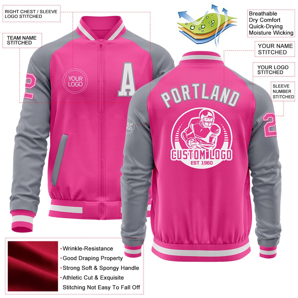 Custom Pink White Gray Bomber Varsity Baseball Jacket, Custom Team Jacket Custom Pink White Gray Bomber Varsity Baseball Jacket, Custom Team Jacket