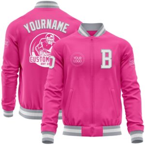 Custom Pink White Gray Bomber Varsity Letterman…