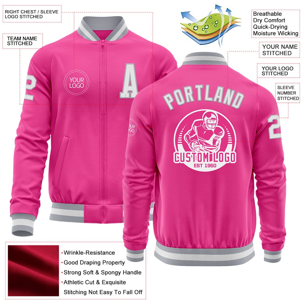 Custom Pink White Gray Bomber Varsity Letterman Zipper Jacket, Custom Team Jacket