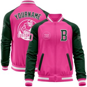 Custom Pink White Green Bomber Varsity Baseball…